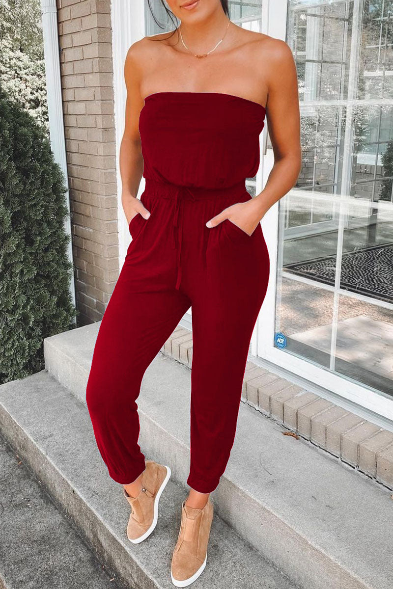 Fashion Street Solid Patchwork Strapless Jumpsuits(3 colors)