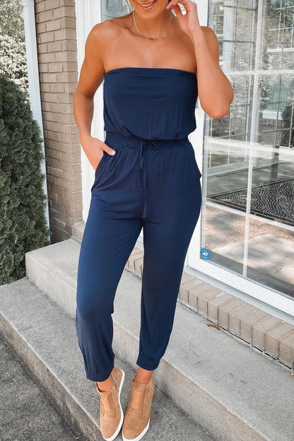 Fashion Street Solid Patchwork Strapless Jumpsuits(3 colors)