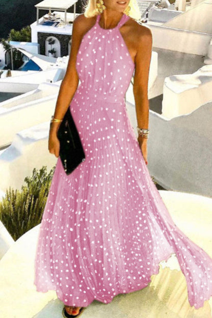 Fashion Street Print Patchwork Halter Pleated Dresses(7 Colors)