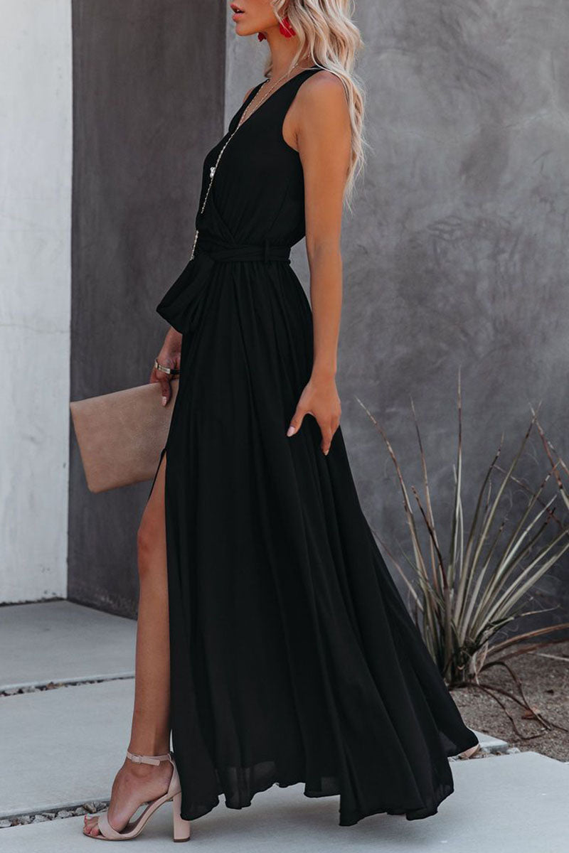 Fashion Street Solid Patchwork Slit V Neck Irregular Dresses