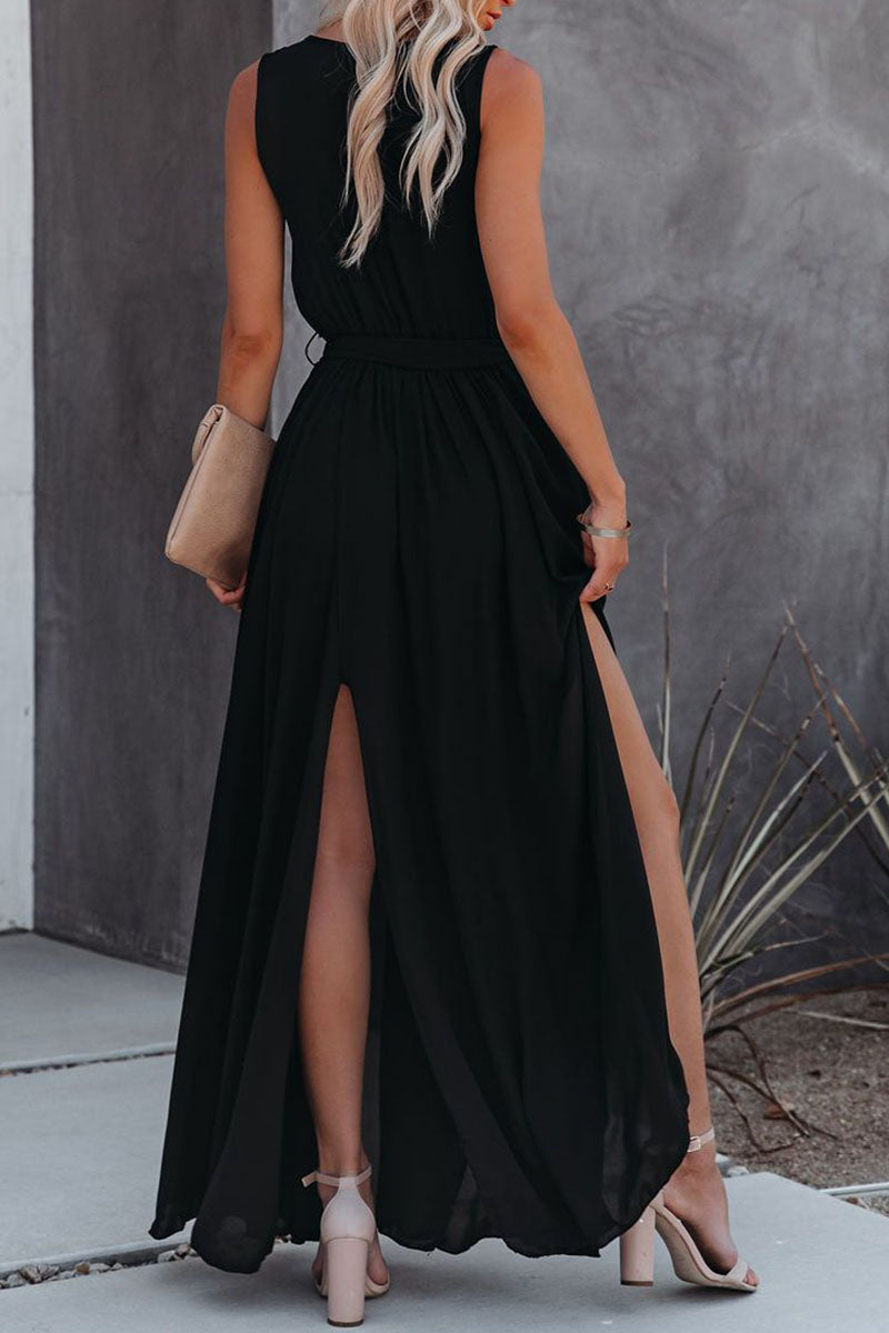 Fashion Street Solid Patchwork Slit V Neck Irregular Dresses