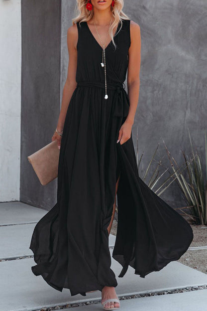 Fashion Street Solid Patchwork Slit V Neck Irregular Dresses