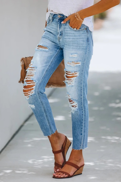 Street Solid Tassel Ripped Regular Pencil Solid Color Bottoms