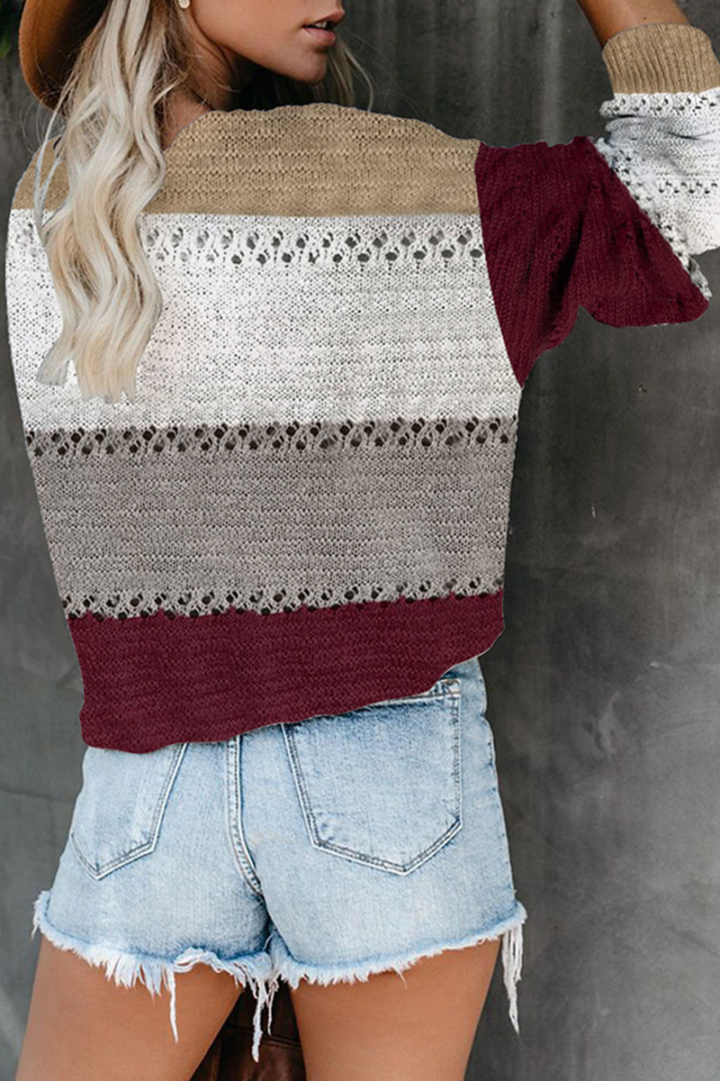 Fashion Street Color Lump Hollowed Out V Neck Tops