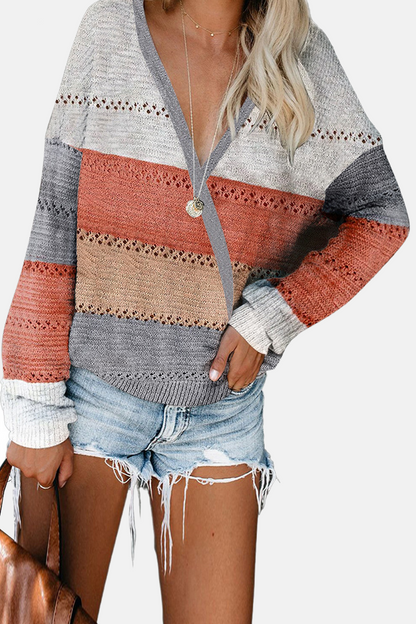 Fashion Street Color Lump Hollowed Out V Neck Tops