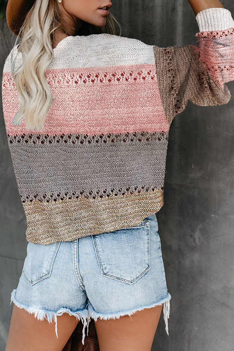 Fashion Street Color Lump Hollowed Out V Neck Tops