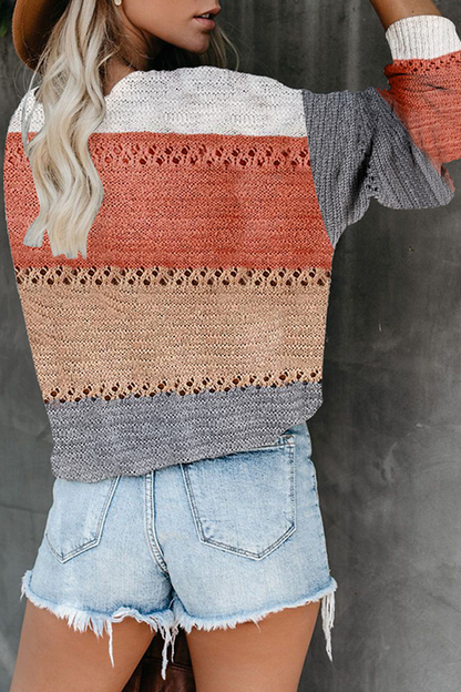 Fashion Street Color Lump Hollowed Out V Neck Tops