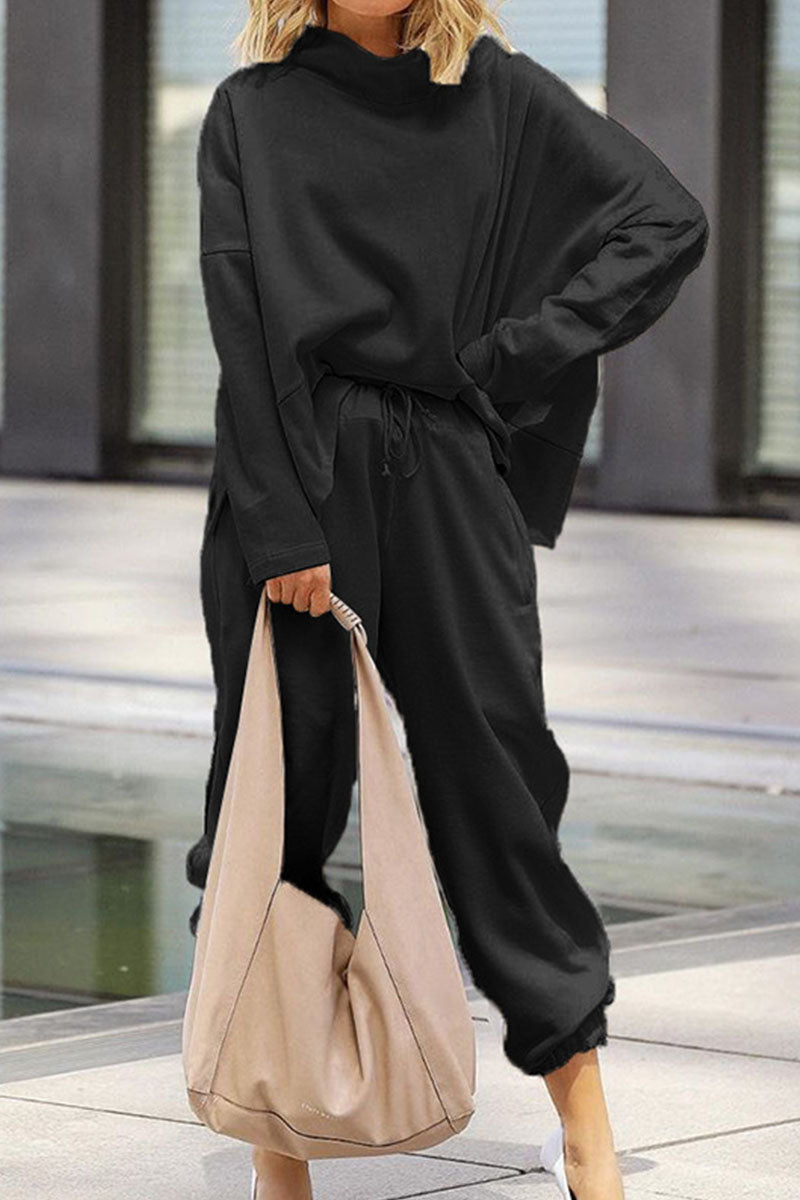 Fashion Casual Solid Patchwork O Neck Long Sleeve Two Pieces(3 Colors)