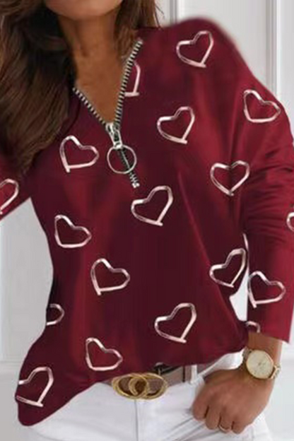 Casual Street Print Patchwork Zipper V Neck Tops