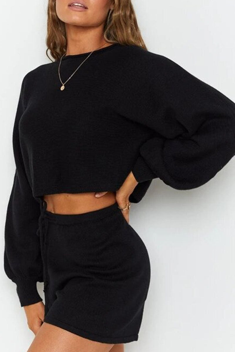 Fashion Casual Solid Split Joint O Neck Long Sleeve Two Pieces