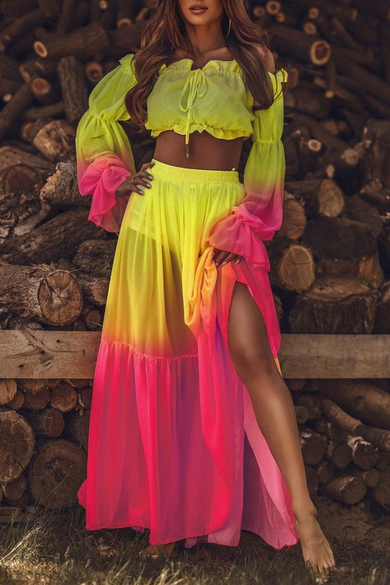 Fashion Casual Print Split Joint Off the Shoulder Long Sleeve Two Pieces