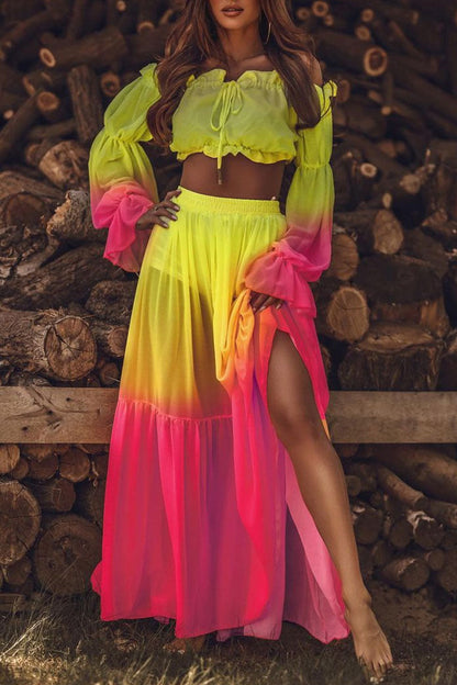 Fashion Casual Print Split Joint Off the Shoulder Long Sleeve Two Pieces