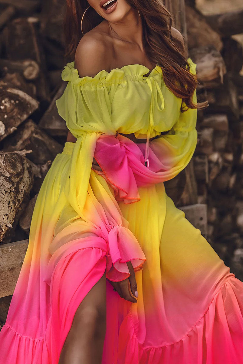 Fashion Casual Print Split Joint Off the Shoulder Long Sleeve Two Pieces