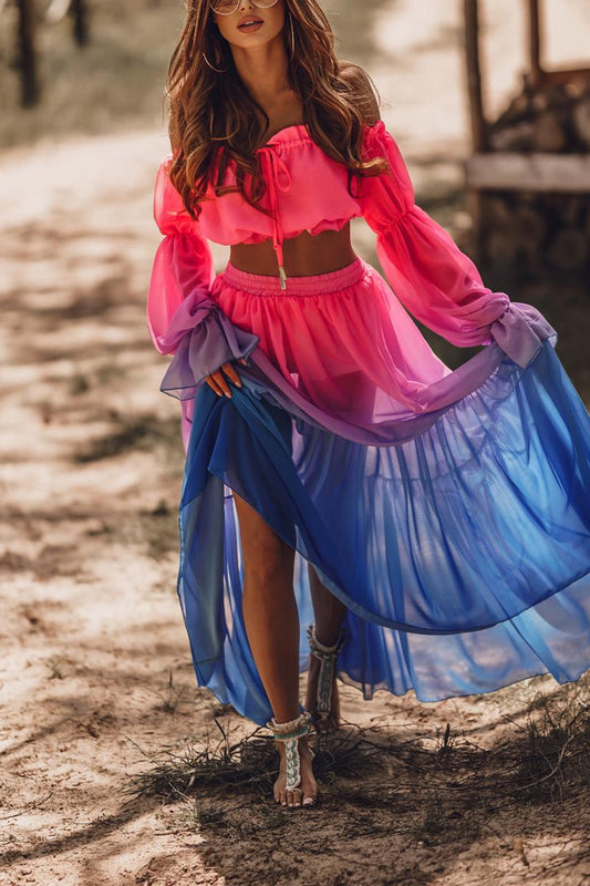 Fashion Casual Print Split Joint Off the Shoulder Long Sleeve Two Pieces