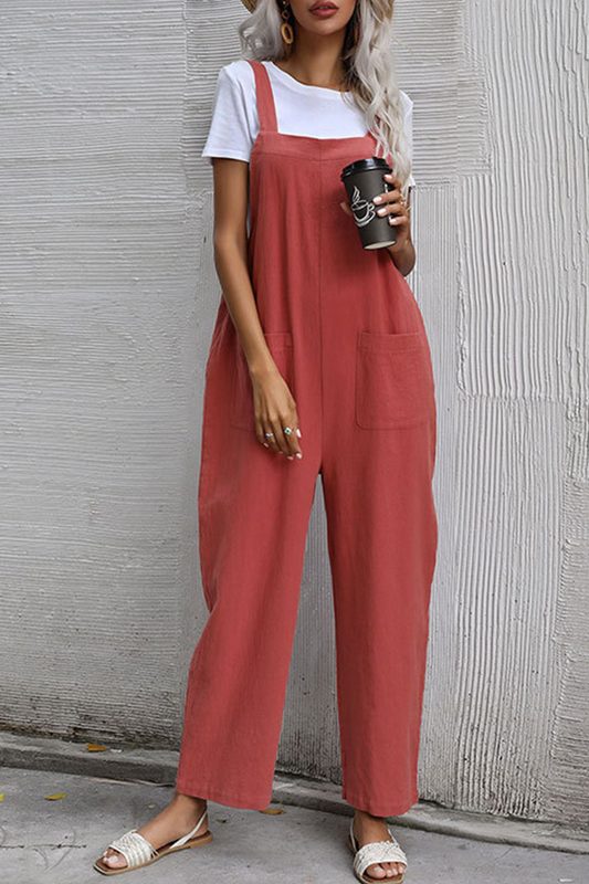 Casual Solid Pocket Buttons Straight Jumpsuits
