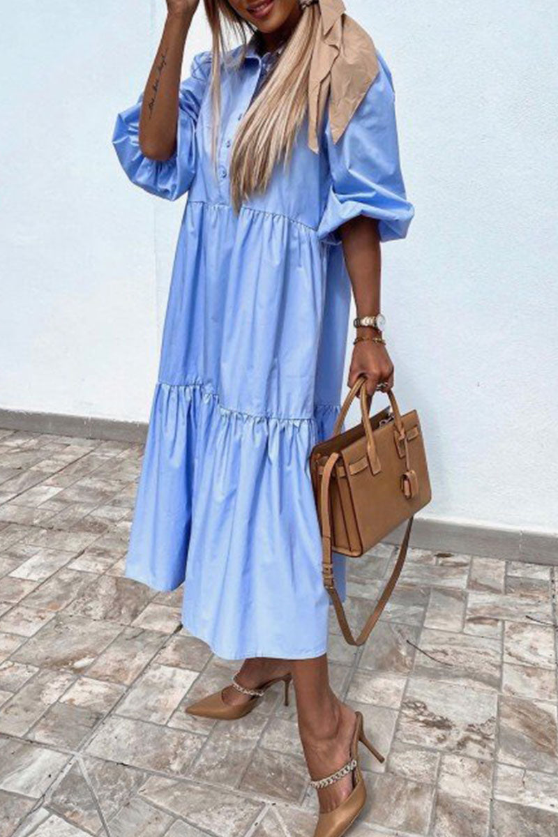 Fashion Street Solid Turndown Collar Princess Dresses(3Colors)