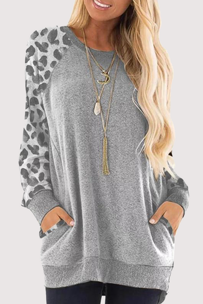 Casual Leopard Split Joint Pocket O Neck Tops