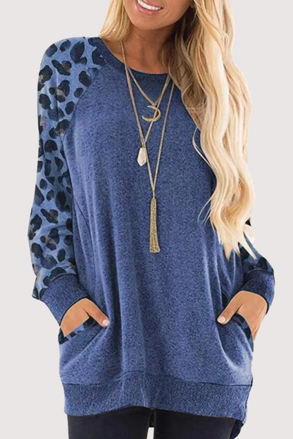 Casual Leopard Split Joint Pocket O Neck Tops