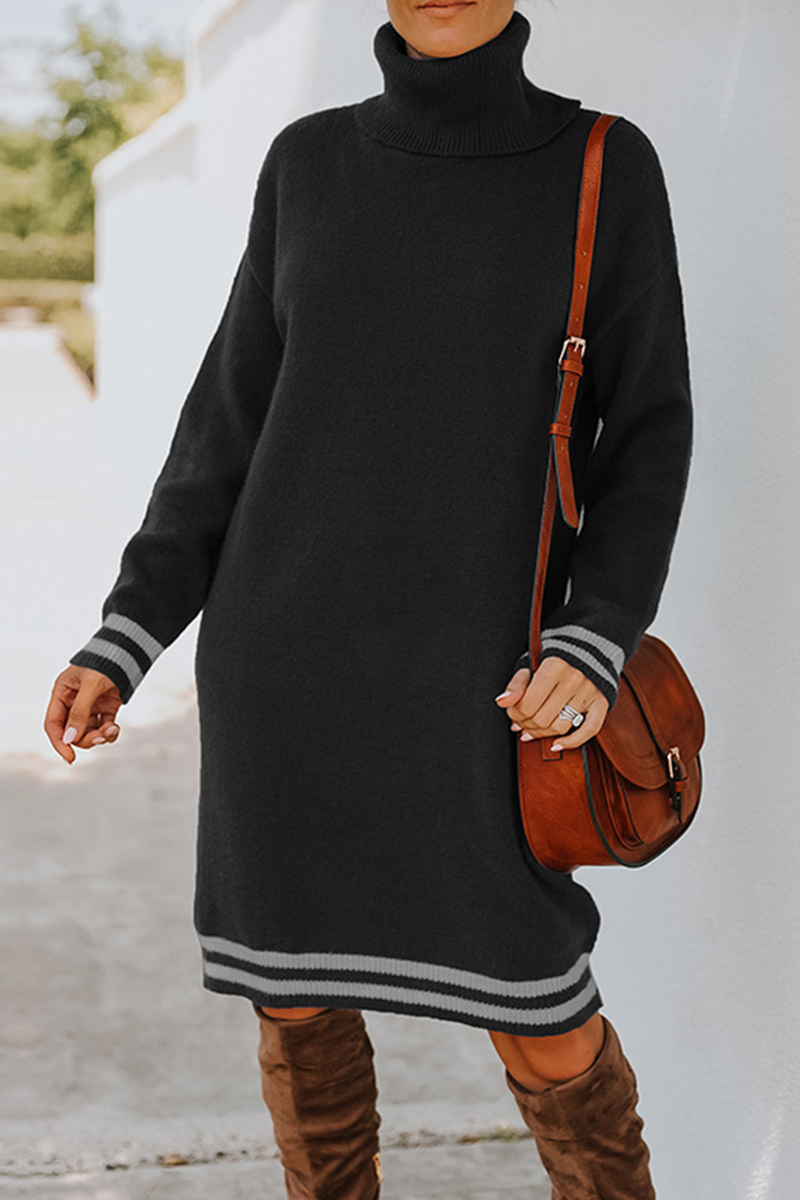 Casual Striped Basic Turtleneck Dresses