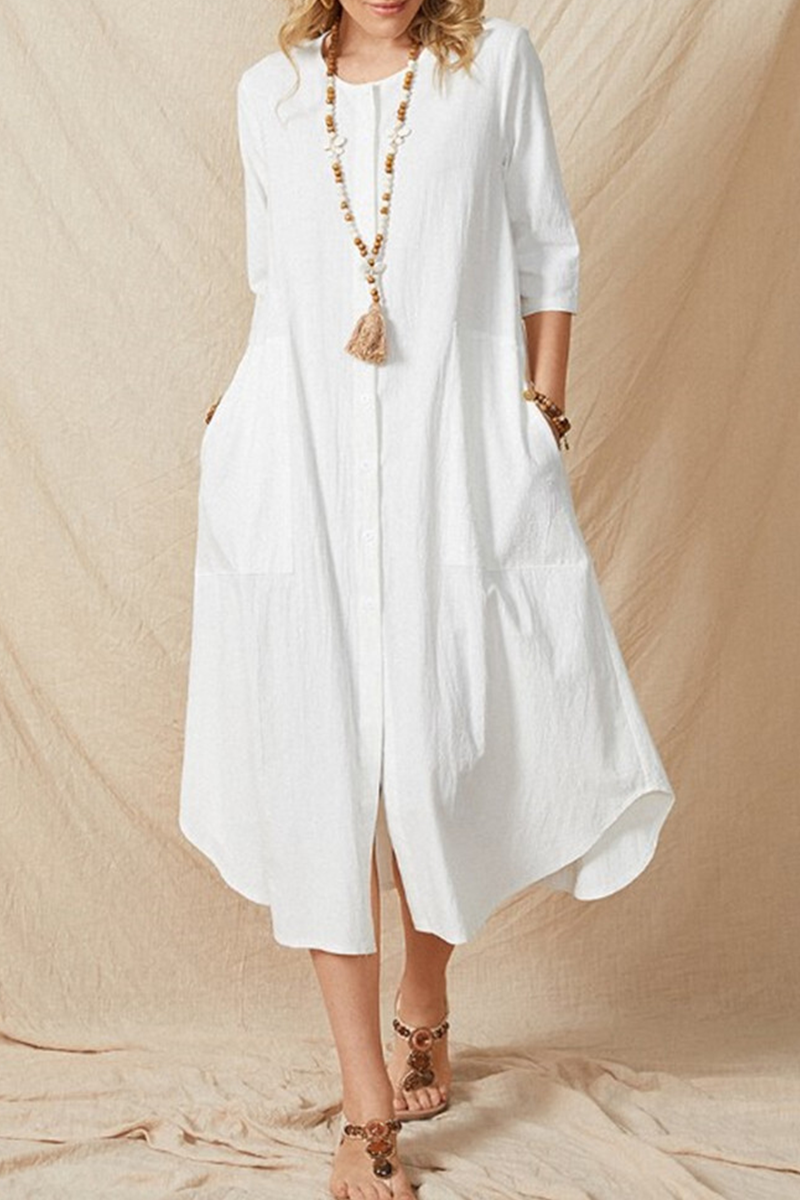 Casual Solid Pocket Buckle O Neck A Line Dresses