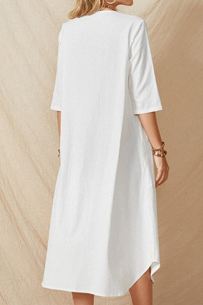 Casual Solid Pocket Buckle O Neck A Line Dresses