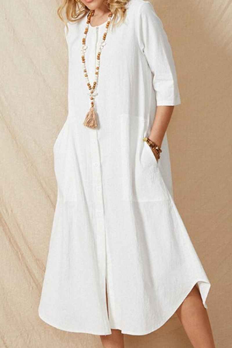 Casual Solid Pocket Buckle O Neck A Line Dresses