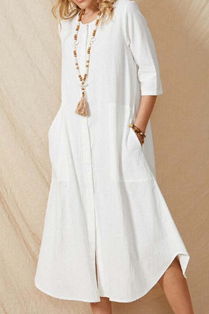 Casual Solid Pocket Buckle O Neck A Line Dresses