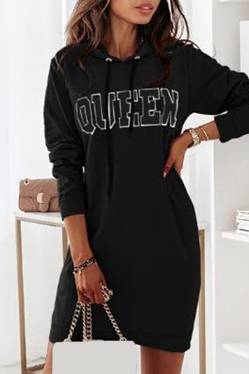 Casual Letter Draw String Hooded Collar Dresses