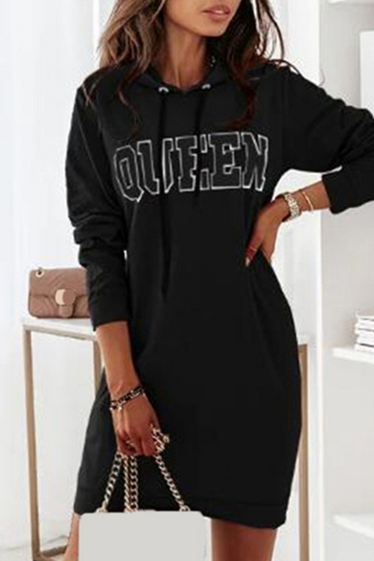 Casual Letter Draw String Hooded Collar Dresses