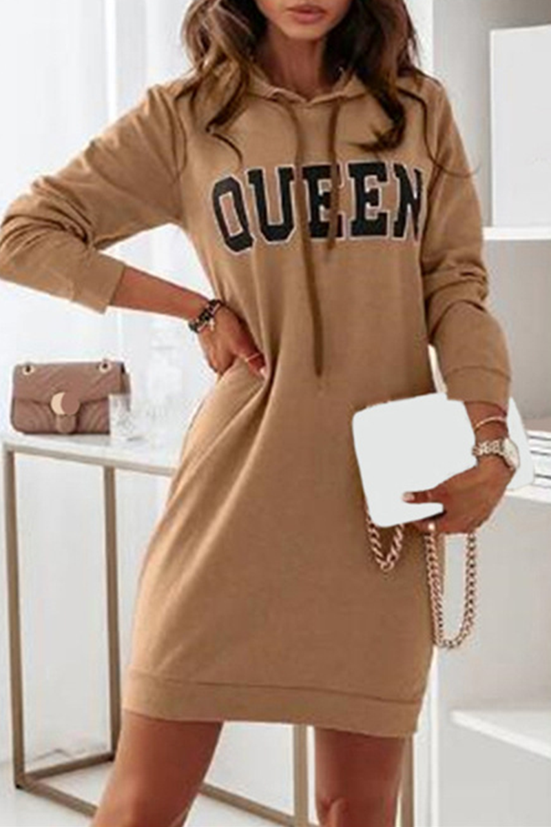 Casual Letter Draw String Hooded Collar Dresses