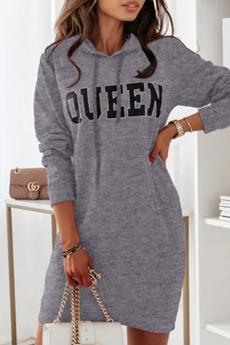 Casual Letter Draw String Hooded Collar Dresses