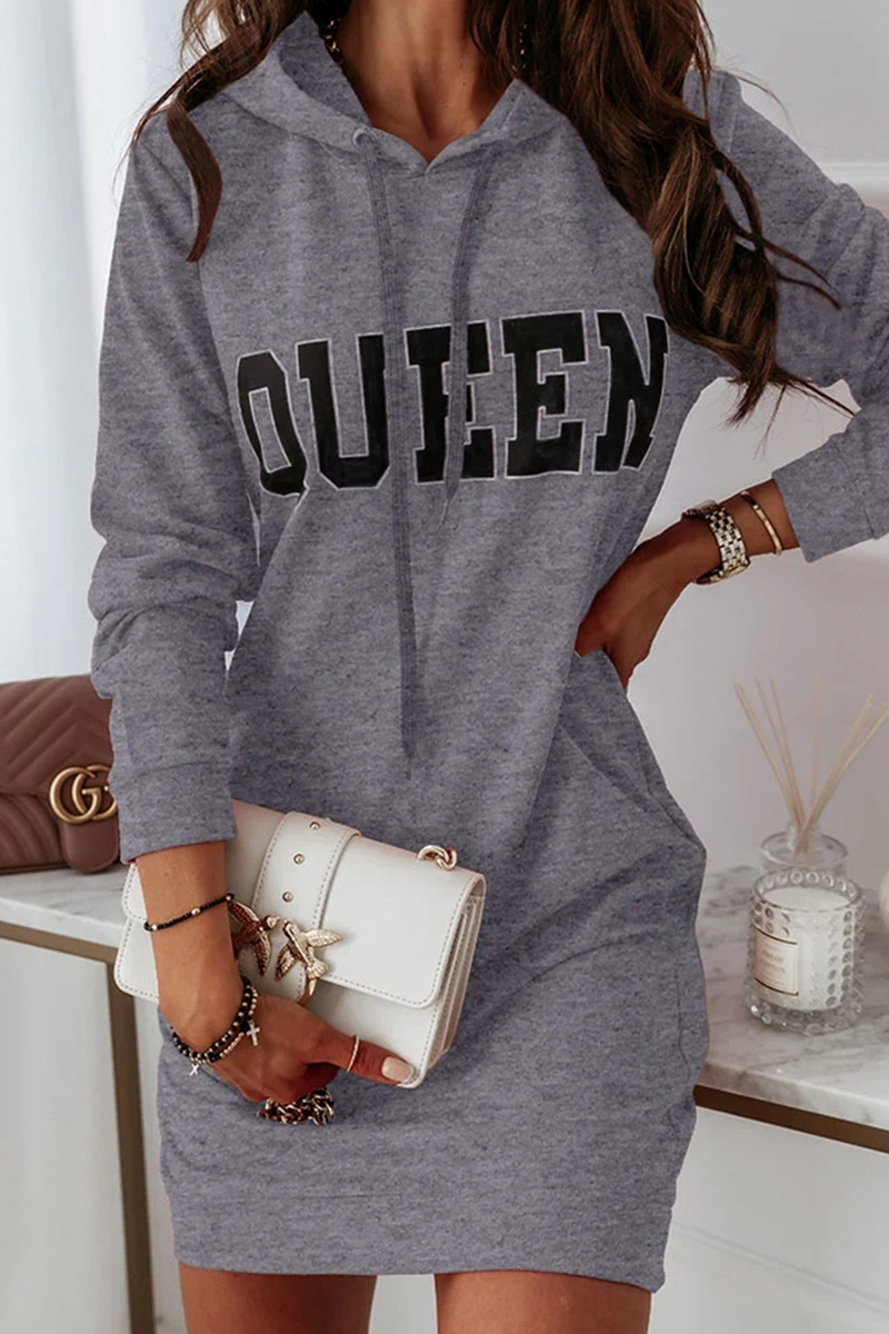 Casual Letter Draw String Hooded Collar Dresses
