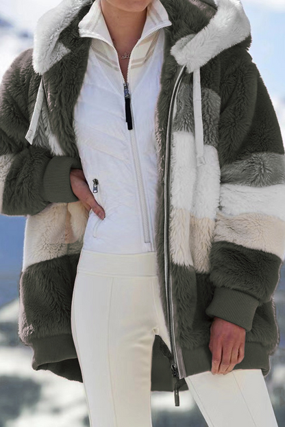 Casual Patchwork Contrast Zipper Hooded Collar Outerwear