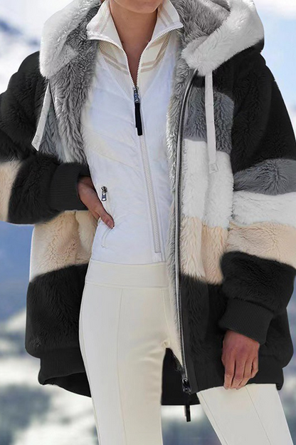 Casual Patchwork Contrast Zipper Hooded Collar Outerwear