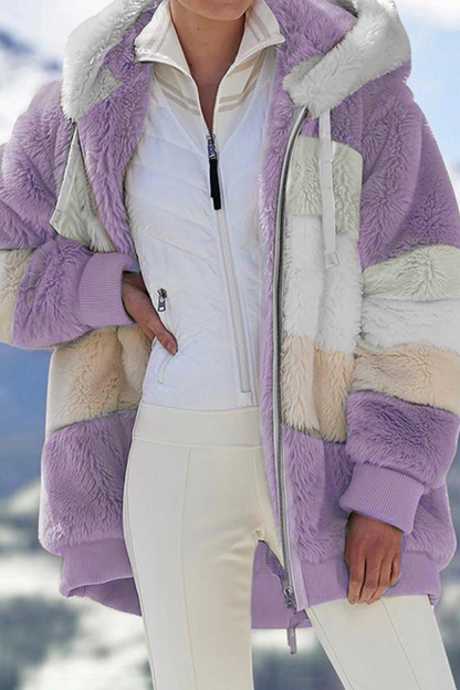 Casual Patchwork Contrast Zipper Hooded Collar Outerwear