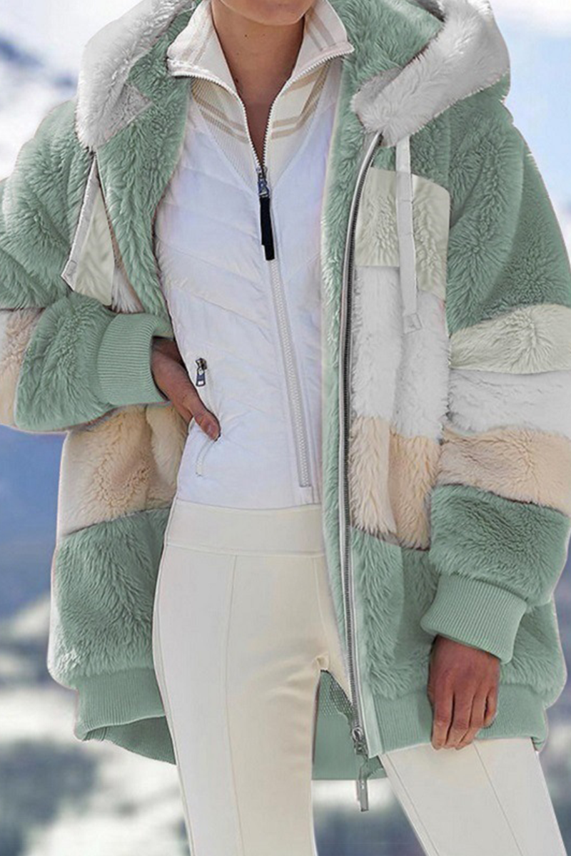 Casual Patchwork Contrast Zipper Hooded Collar Outerwear