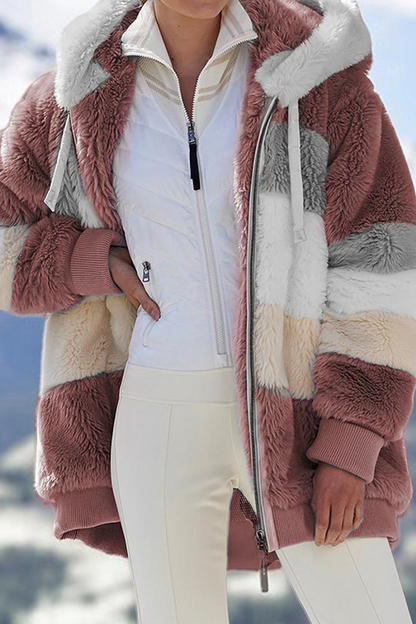 Casual Patchwork Contrast Zipper Hooded Collar Outerwear