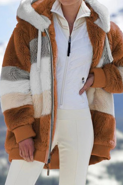 Casual Patchwork Contrast Zipper Hooded Collar Outerwear