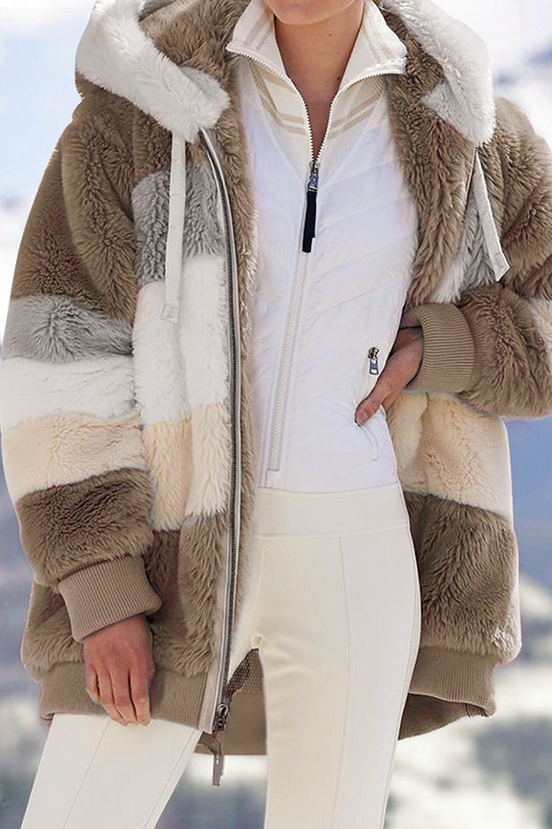 Casual Patchwork Contrast Zipper Hooded Collar Outerwear