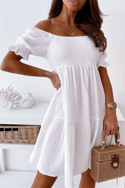 Casual Elegant Solid Patchwork Flounce Off the Shoulder A Line Dresses(3 Colors)