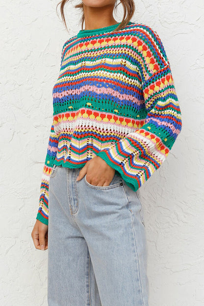 Fashion Street Striped Patchwork O Neck Sweaters(3 Colors)