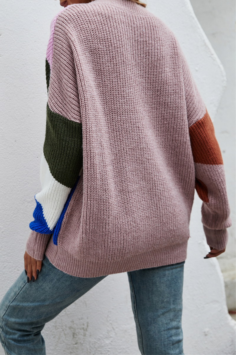 Fashion Street Color Lump Split Joint Buckle V Neck Tops Sweater