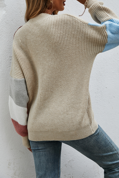 Fashion Street Color Lump Split Joint Buckle V Neck Tops Sweater