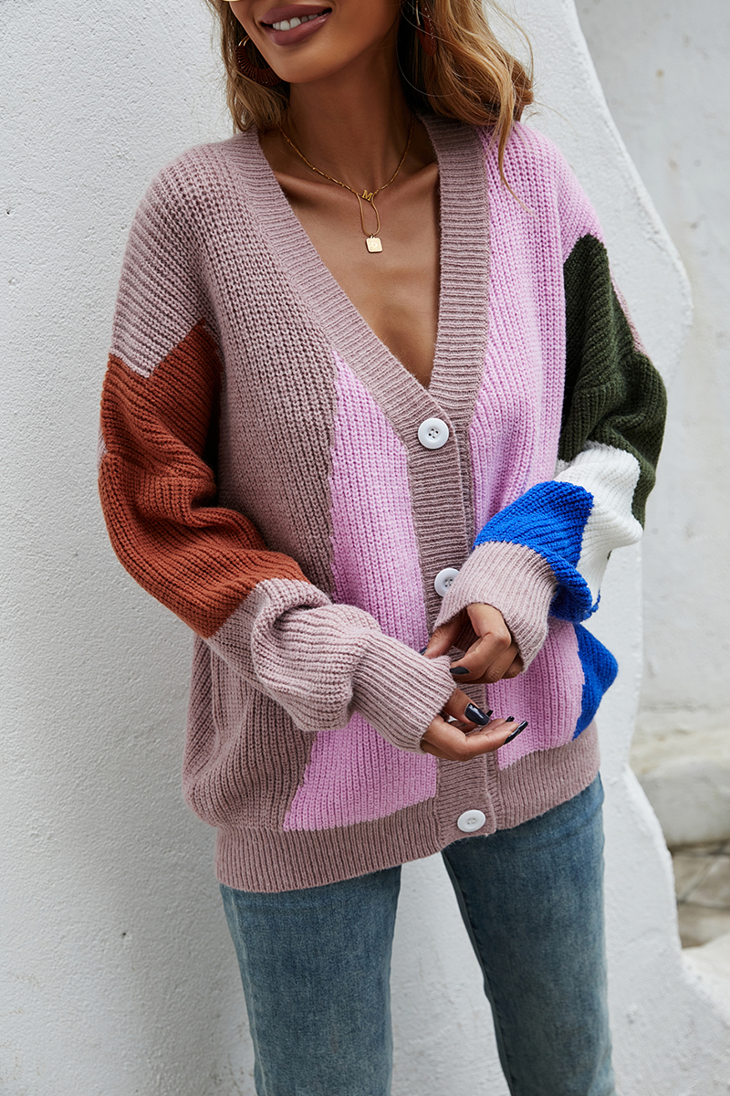 Fashion Street Color Lump Split Joint Buckle V Neck Tops Sweater