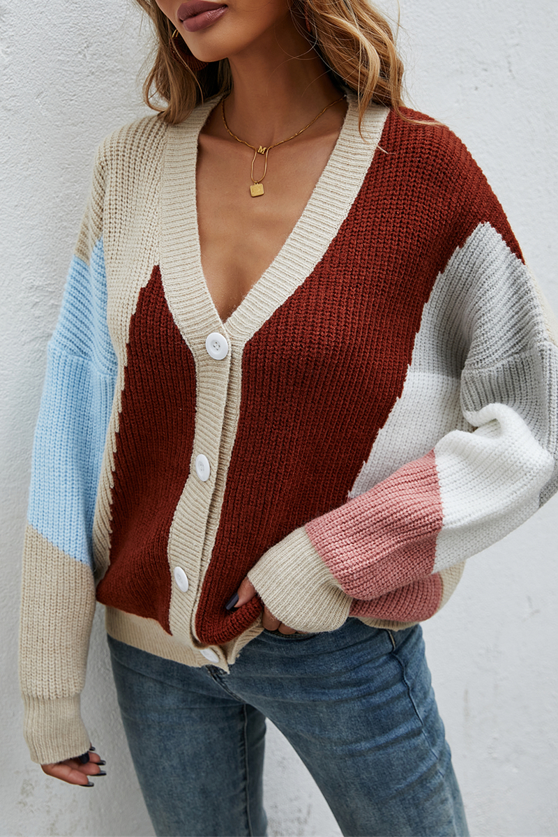 Fashion Street Color Lump Split Joint Buckle V Neck Tops Sweater