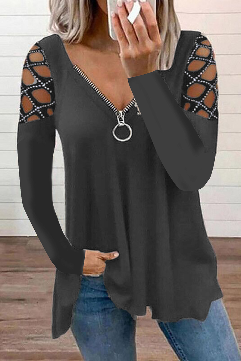 Casual Patchwork Hollowed Out Hot Drill Zipper Collar Tops(7 Colors)