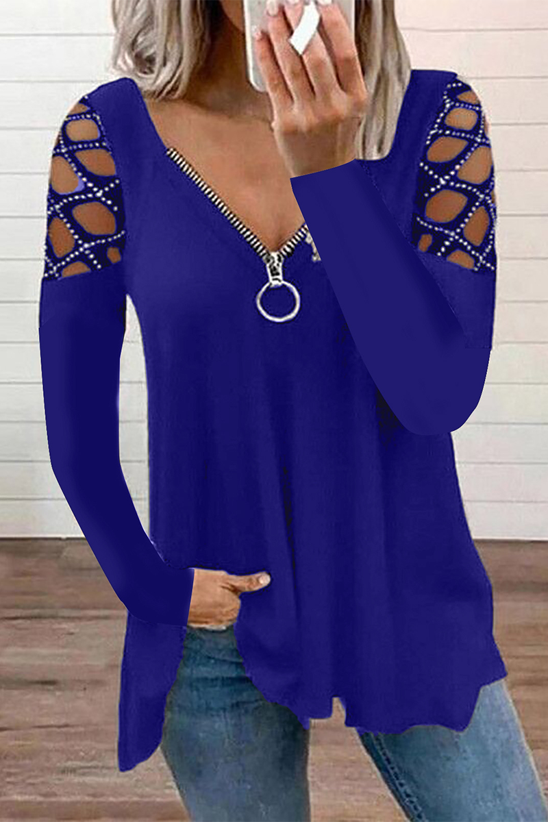 Casual Patchwork Hollowed Out Hot Drill Zipper Collar Tops(7 Colors)
