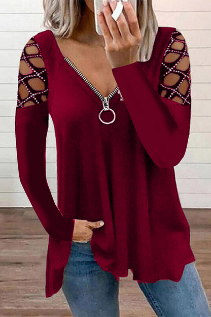 Casual Patchwork Hollowed Out Hot Drill Zipper Collar Tops(7 Colors)