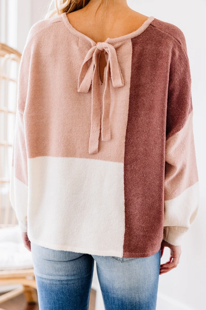 Casual Patchwork  Contrast O Neck Tops Sweater