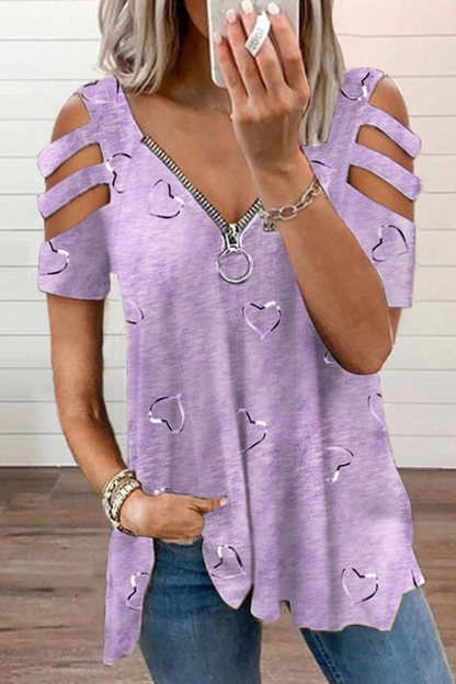 Street Print Hollowed Out Zipper V Neck Tops(6 Colors)
